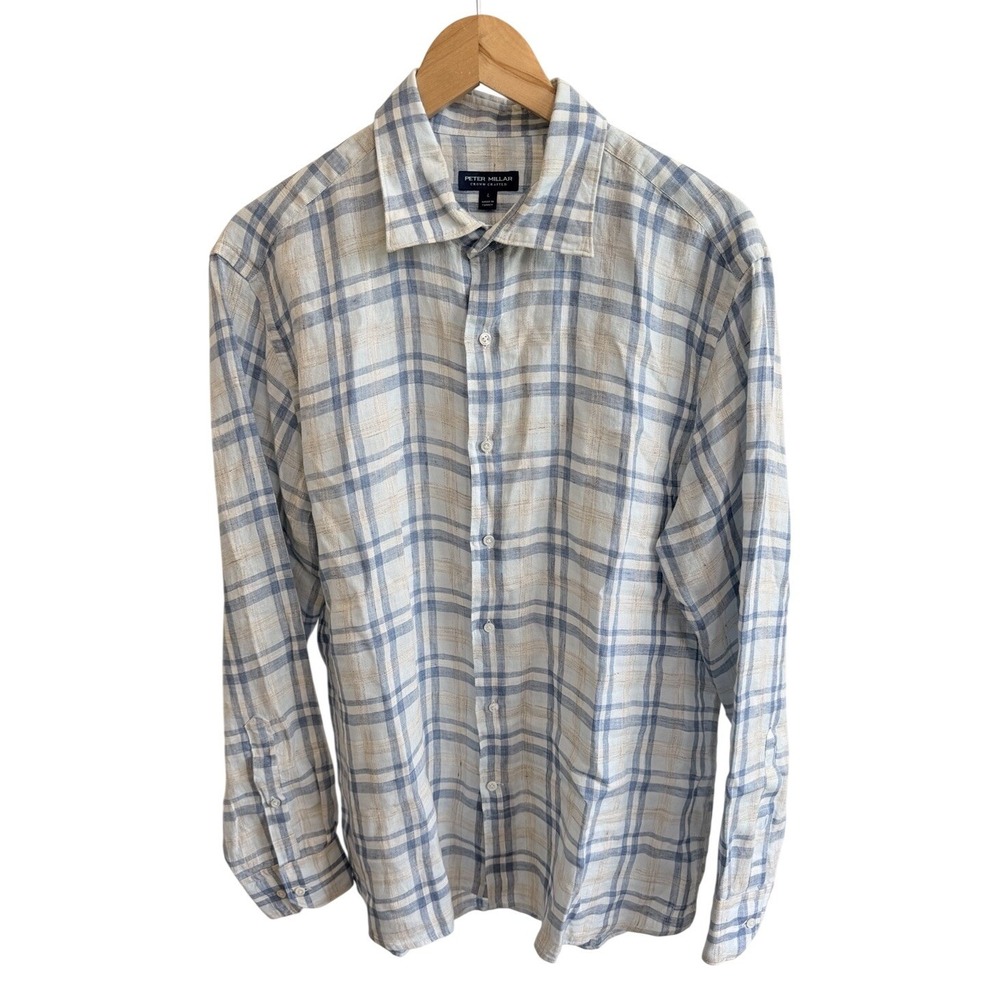 Peter Millar Shirt Mens Large Blue Plaid Linen Crown Crafted Button Up Beach